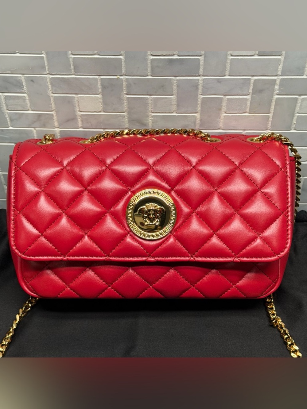 Versace Quilted Lamb Leather Medusa Shoulder Bag Dark Red Gold Chain New - Picture 2 of 11